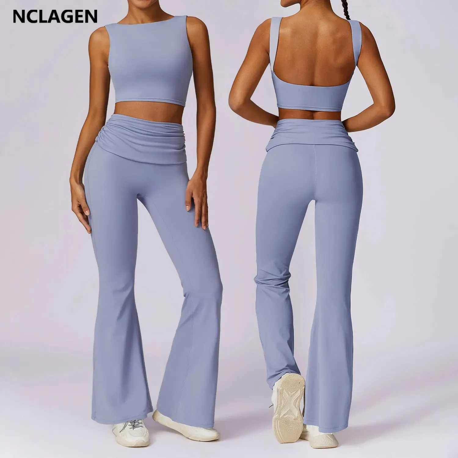 2 Pieces Yoga Set Women Stretchable Running Sports Fitness Suit Crop Tank Top Bra & Workout Flared Pants Gym Sportwear