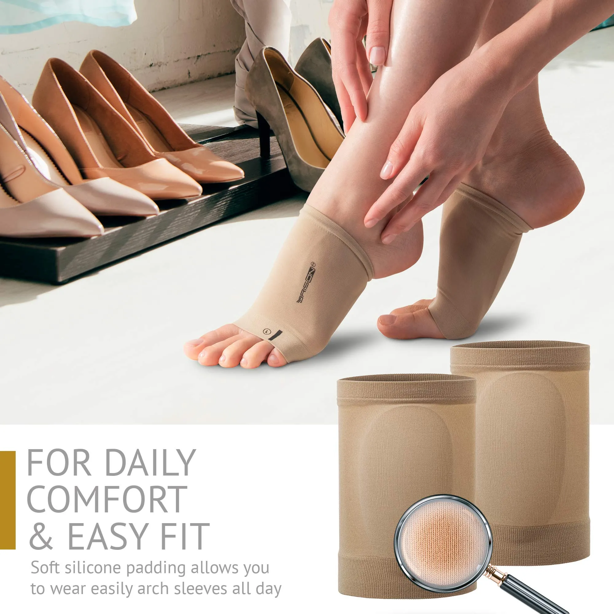 Arch Support Sleeves - Plantar Fasciitis Relief Brace - Foot Arch Supports for Flat Feet Arch and Foot Pain - Men Women 1 Pair Beige