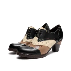 CrazycatZ Leather Pumps,Women  Vintage Block Heel Oxford Vintage Shoes Color Blocking Oxford Shoes