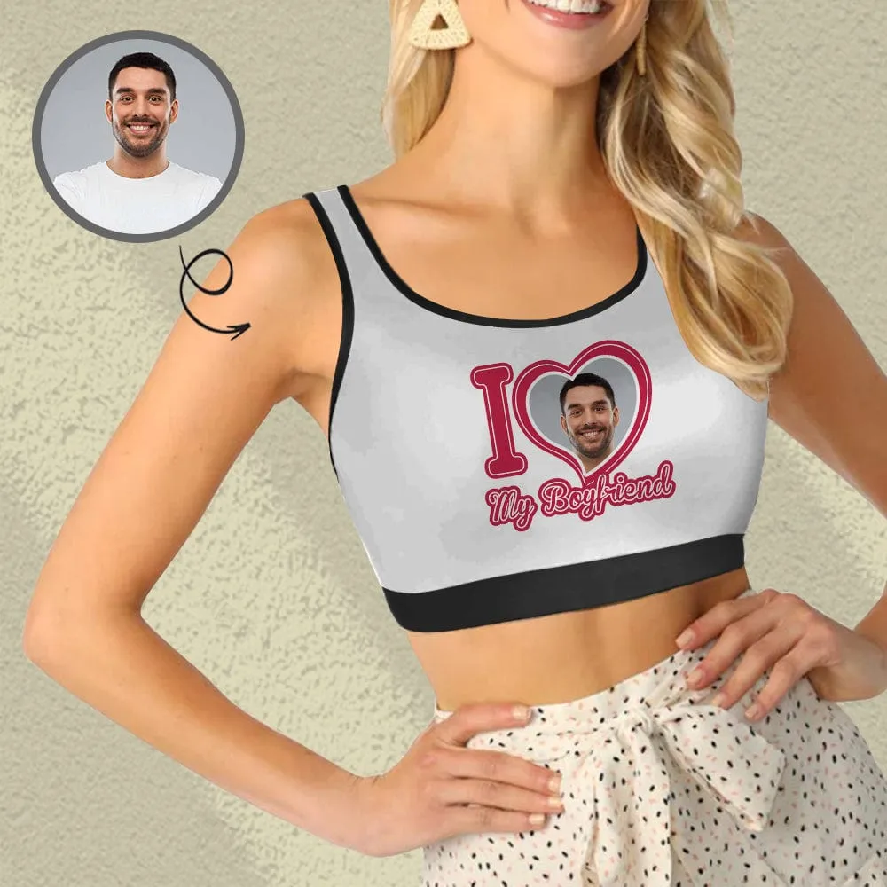 Custom Face I Love My Boyfriend Sports Bra Personalized Women's All Over Print Yoga Sports Bra