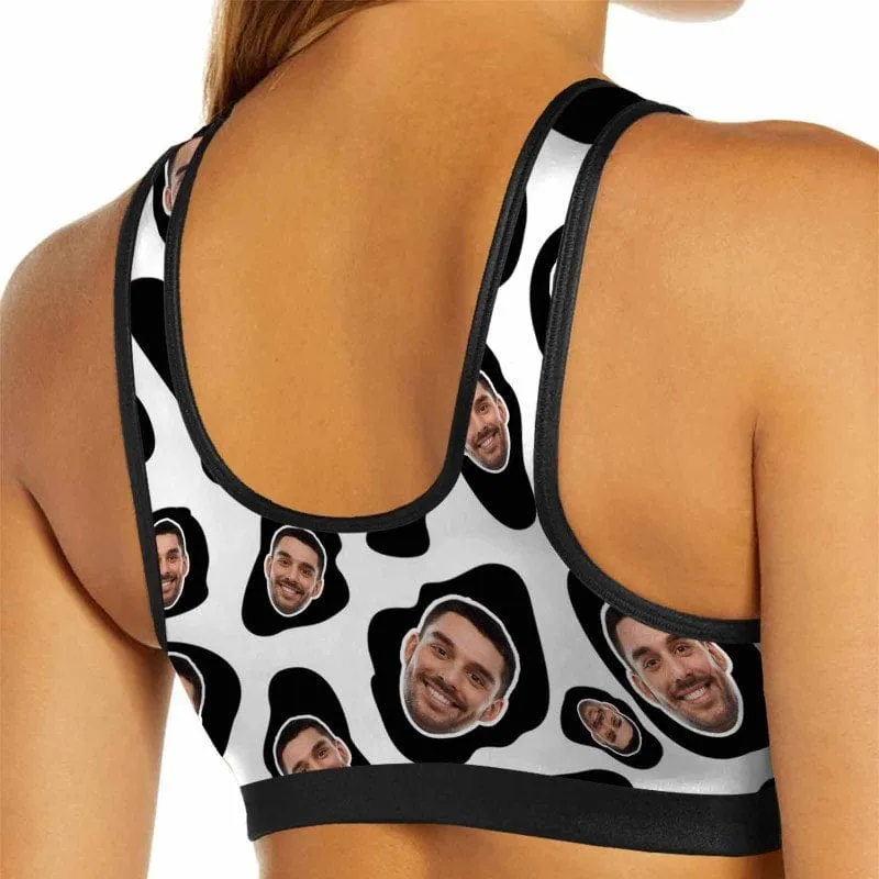 Custom Husband Face Cow Pattern Sports Bra Personalized Women's All Over Print Yoga Sports Bra