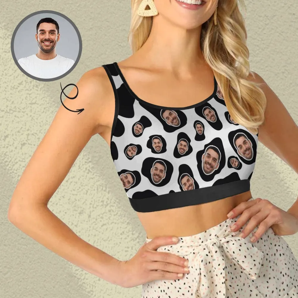 Custom Husband Face Cow Pattern Sports Bra Personalized Women's All Over Print Yoga Sports Bra