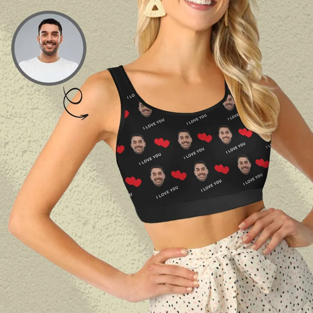 Custom Husband Face I Love You Red Heart Sports Bra Personalized Women's All Over Print Yoga Sports Bra