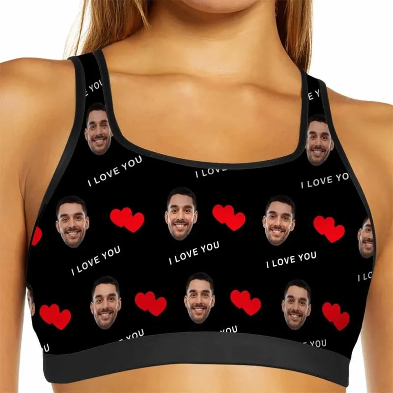 Custom Husband Face I Love You Red Heart Sports Bra Personalized Women's All Over Print Yoga Sports Bra