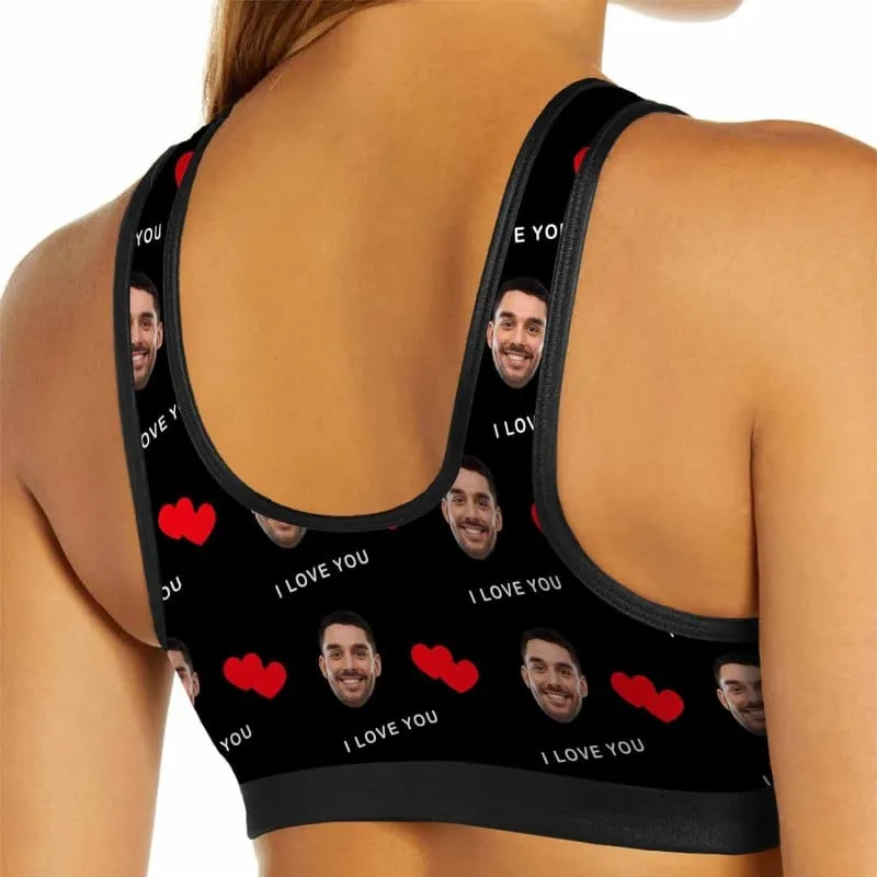 Custom Husband Face I Love You Red Heart Sports Bra Personalized Women's All Over Print Yoga Sports Bra