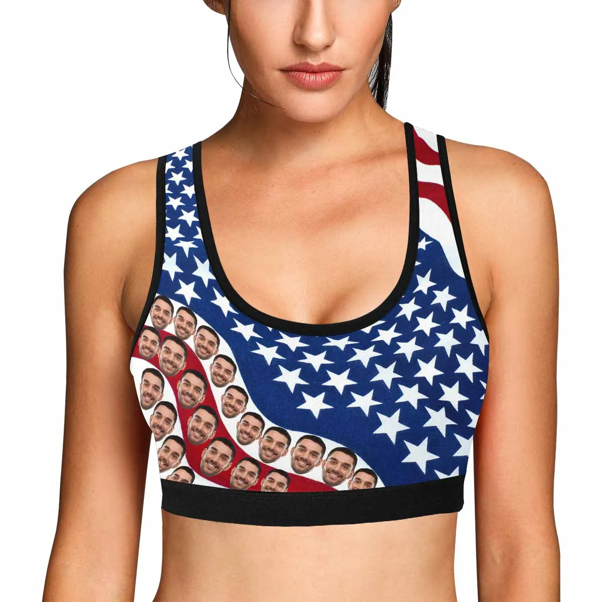 Custom Husband Face National Flag Blue Sports Bra Personalized Women's All Over Print Yoga Sports Bra
