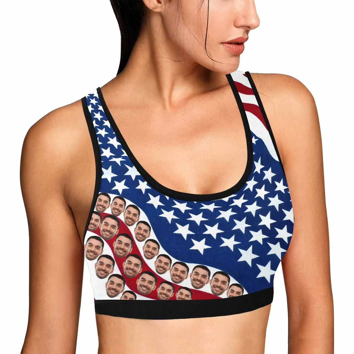 Custom Husband Face National Flag Blue Sports Bra Personalized Women's All Over Print Yoga Sports Bra