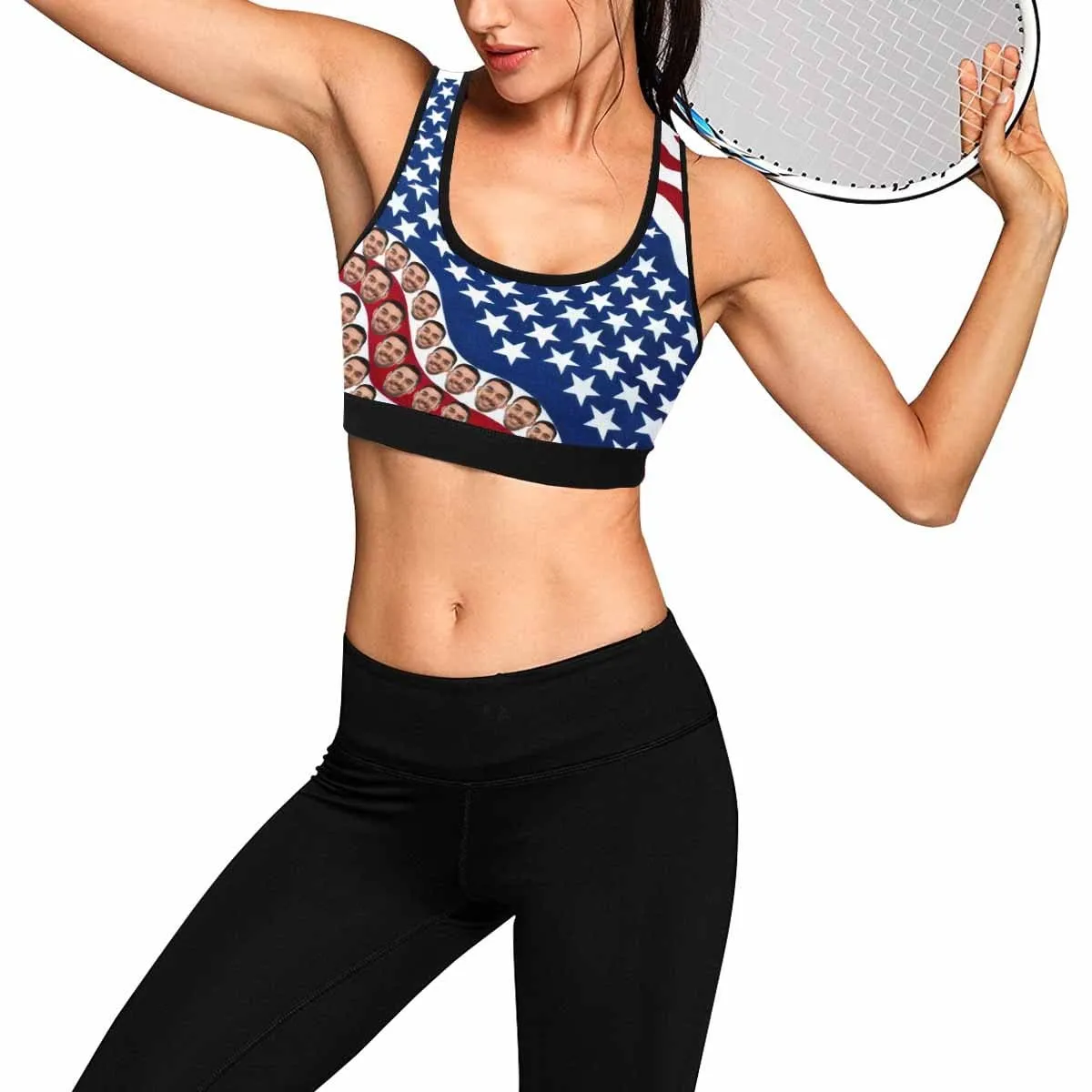 Custom Husband Face National Flag Blue Sports Bra Personalized Women's All Over Print Yoga Sports Bra