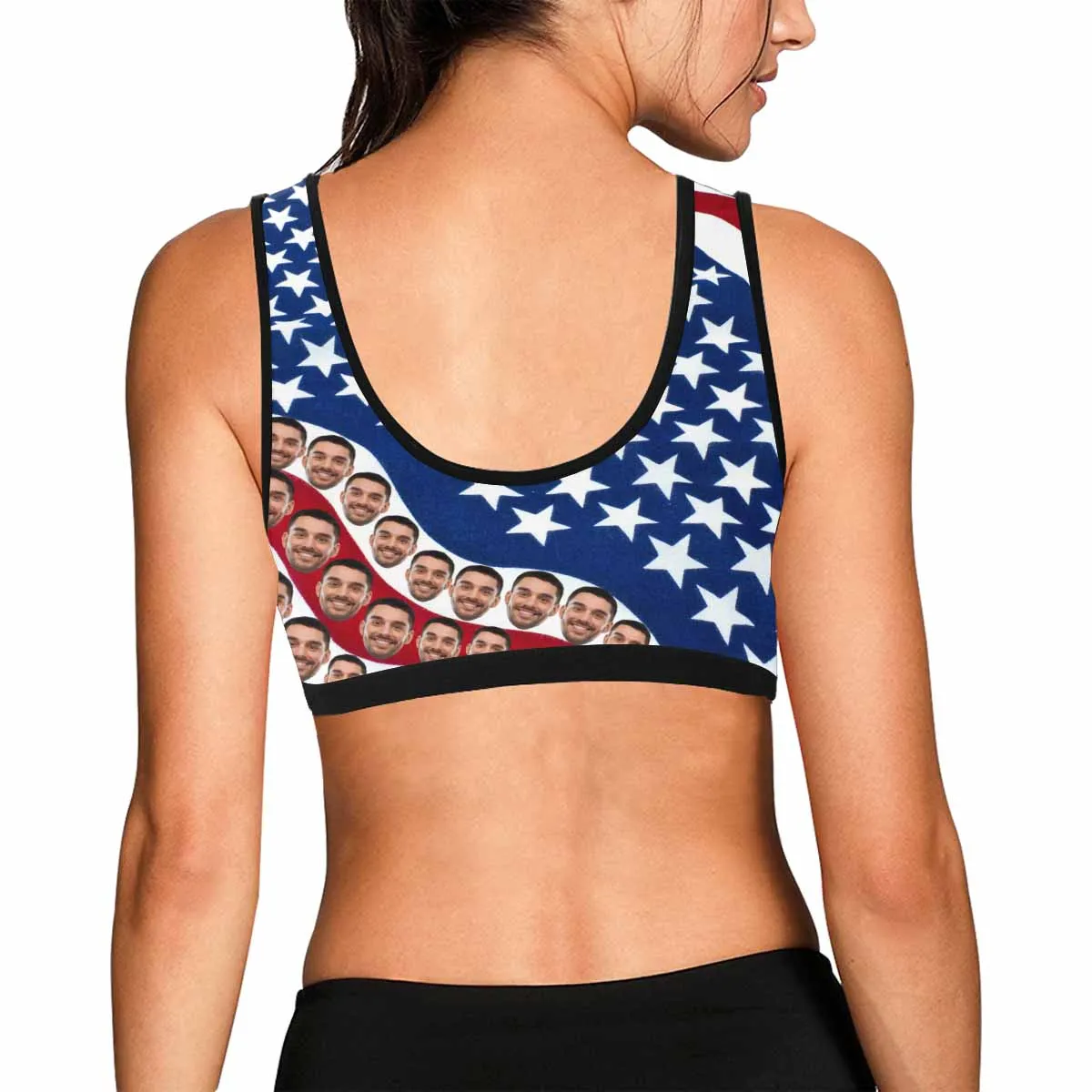 Custom Husband Face National Flag Blue Sports Bra Personalized Women's All Over Print Yoga Sports Bra