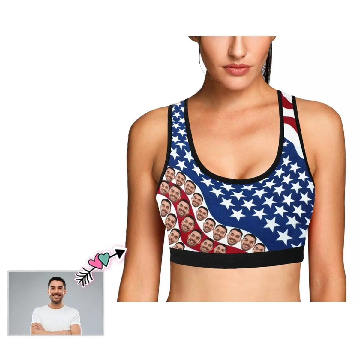 Custom Husband Face National Flag Blue Sports Bra Personalized Women's All Over Print Yoga Sports Bra