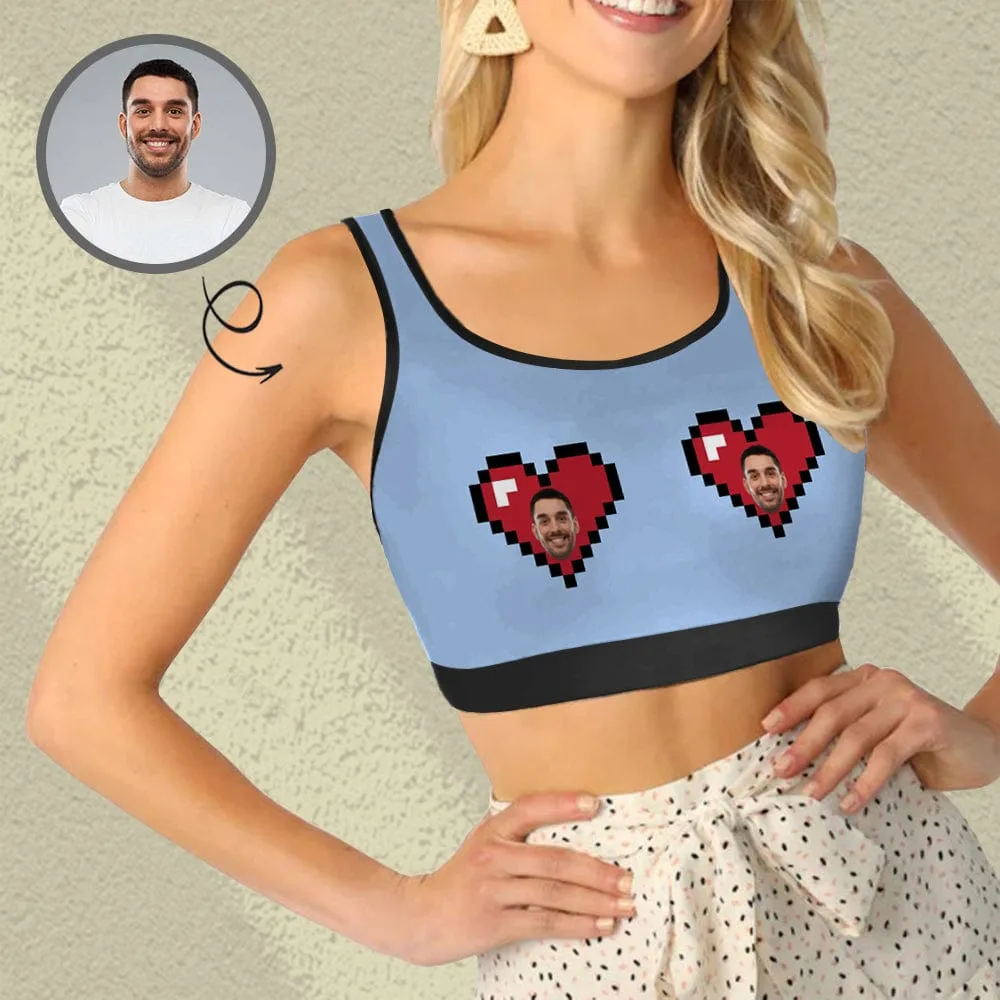 Custom Husband Face Red Heart Blue Background Sports Bra Personalized Women's All Over Print Yoga Sports Bra