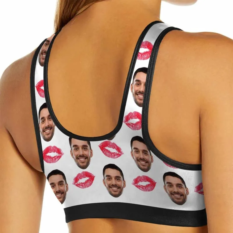 Custom Husband Face Red Lips Sports Bra Personalized Women's All Over Print Yoga Sports Bra