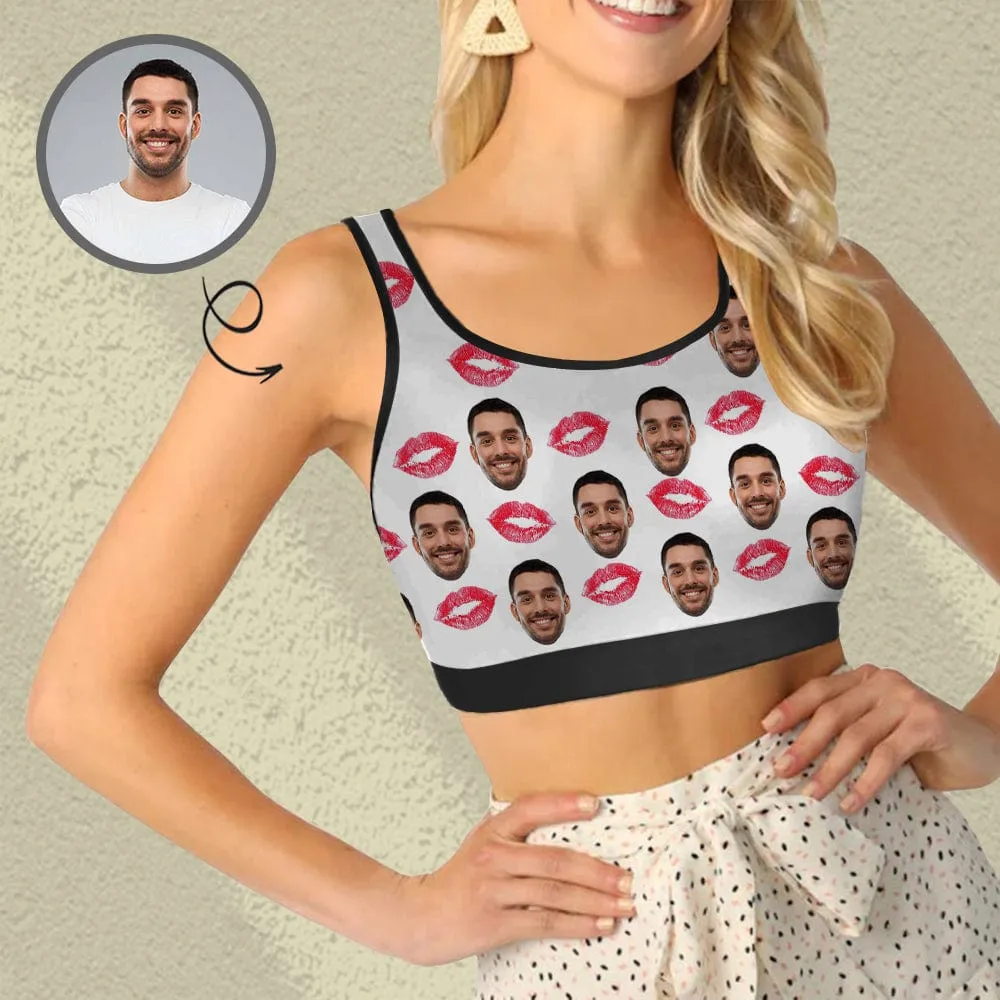 Custom Husband Face Red Lips Sports Bra Personalized Women's All Over Print Yoga Sports Bra