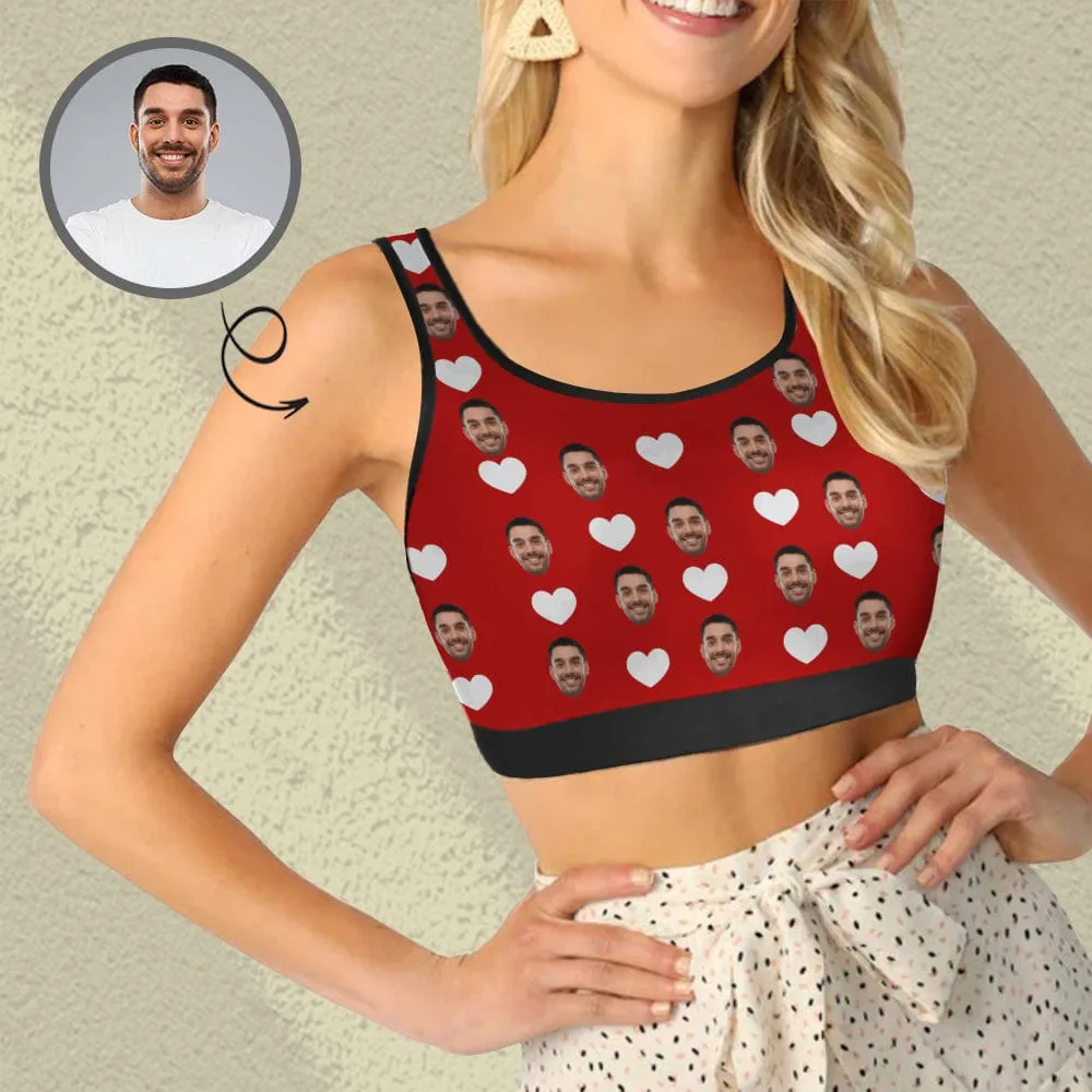 Custom Husband Face White Heart Red Background Sports Bra Personalized Women's All Over Print Yoga Sports Bra