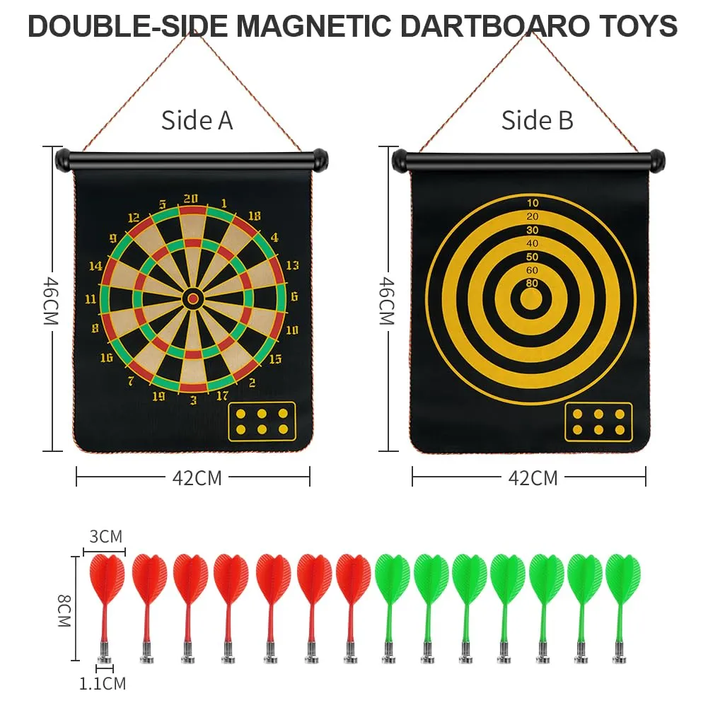 flintronic Magnetic Safe Dartboard, Double Sided Magnetic Dartboard Set Ø38cm /15-inch with 14 Darts, Hanging Roller Up Safe Dartboard, Indoor Outdoor Party Game for Children and Adults