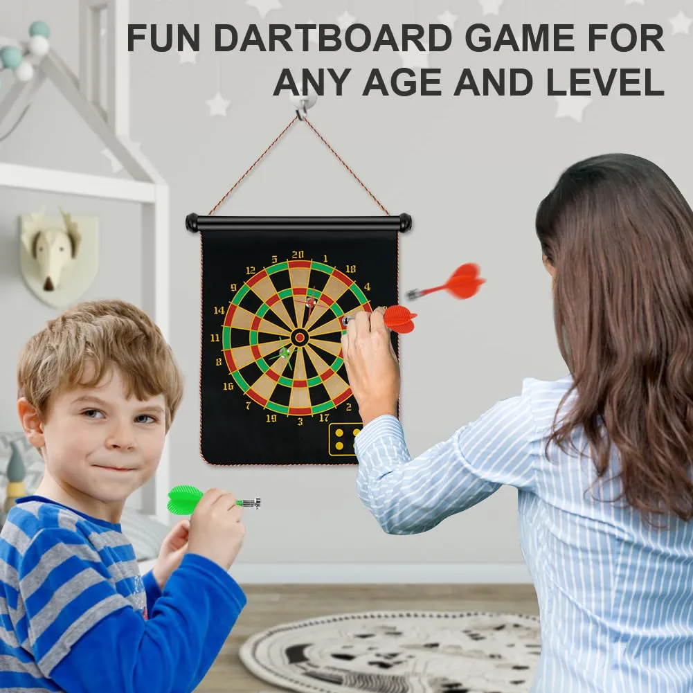 flintronic Magnetic Safe Dartboard, Double Sided Magnetic Dartboard Set Ø38cm /15-inch with 14 Darts, Hanging Roller Up Safe Dartboard, Indoor Outdoor Party Game for Children and Adults