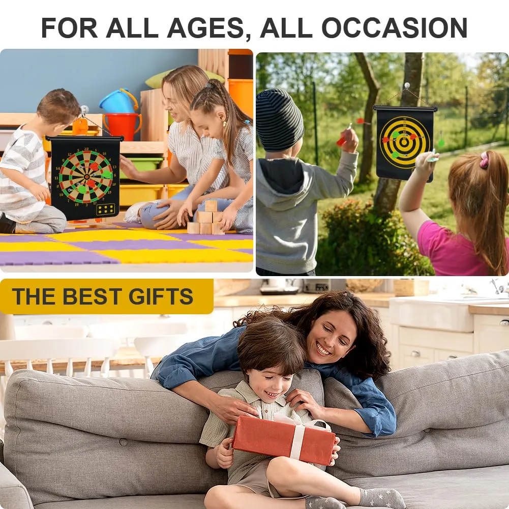 flintronic Magnetic Safe Dartboard, Double Sided Magnetic Dartboard Set Ø38cm /15-inch with 14 Darts, Hanging Roller Up Safe Dartboard, Indoor Outdoor Party Game for Children and Adults