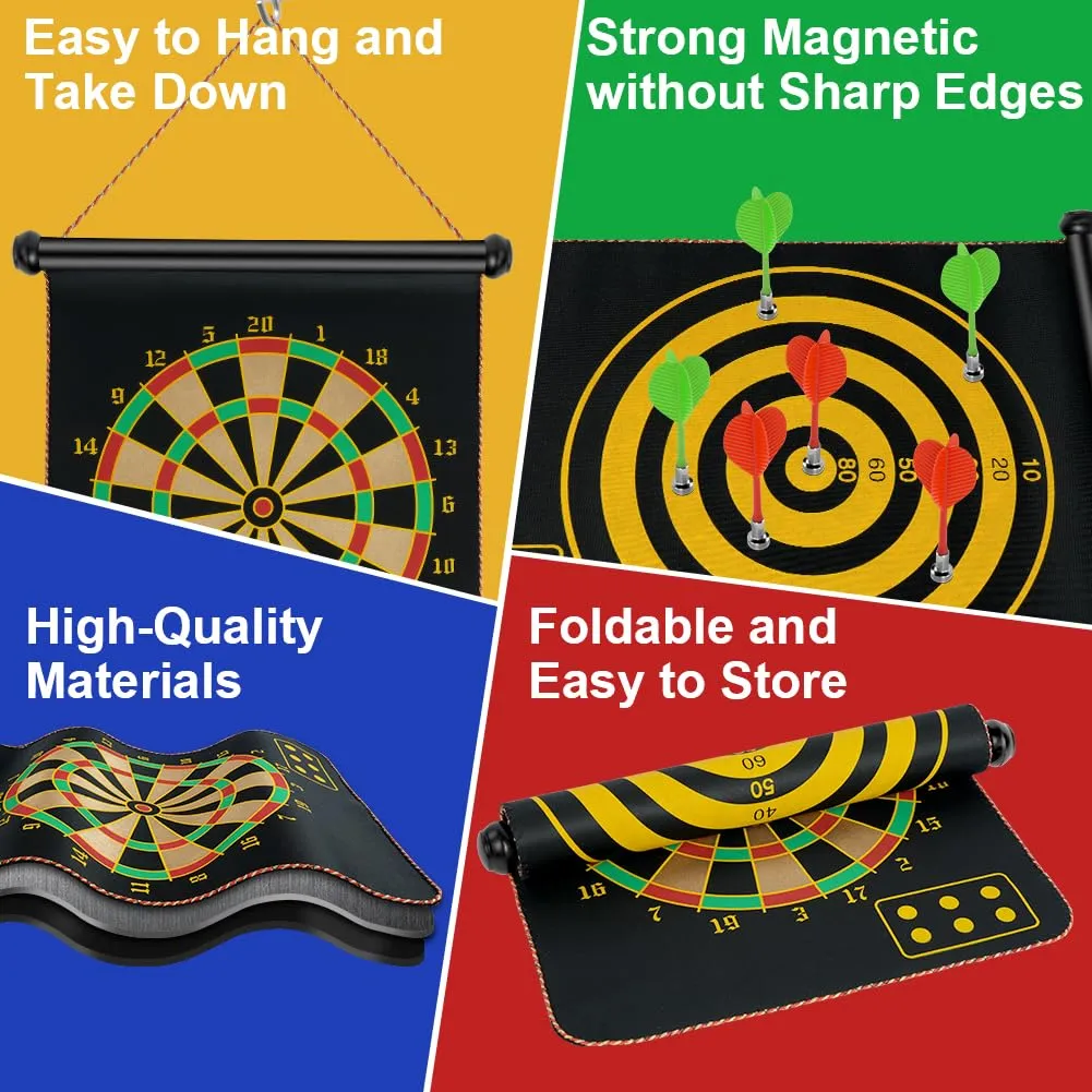 flintronic Magnetic Safe Dartboard, Double Sided Magnetic Dartboard Set Ø38cm /15-inch with 14 Darts, Hanging Roller Up Safe Dartboard, Indoor Outdoor Party Game for Children and Adults