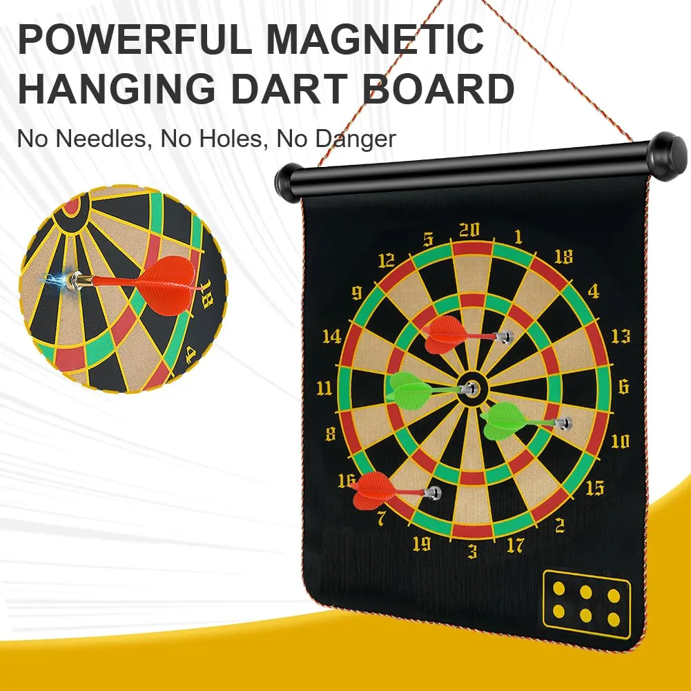 flintronic Magnetic Safe Dartboard, Double Sided Magnetic Dartboard Set Ø38cm /15-inch with 14 Darts, Hanging Roller Up Safe Dartboard, Indoor Outdoor Party Game for Children and Adults