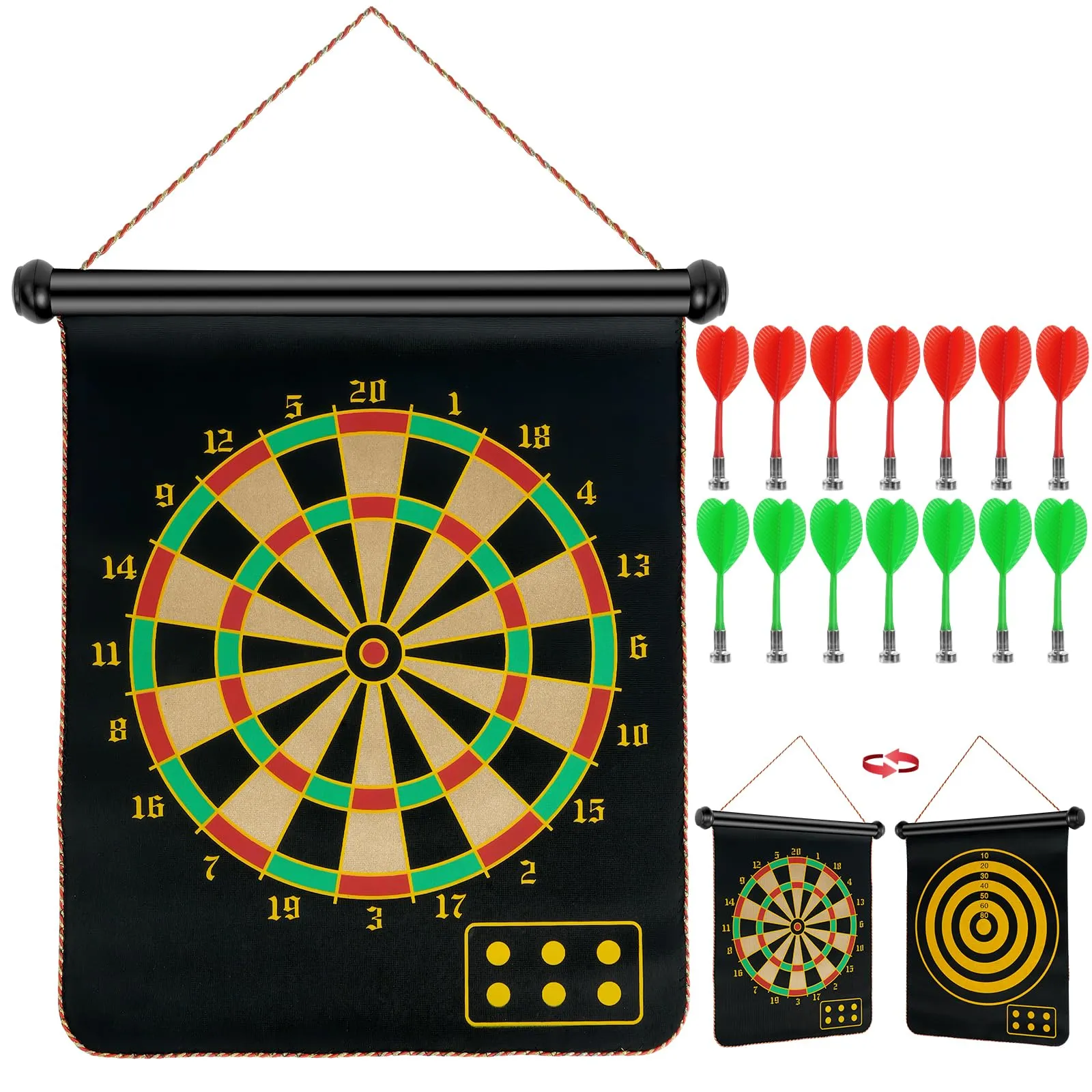 flintronic Magnetic Safe Dartboard, Double Sided Magnetic Dartboard Set Ø38cm /15-inch with 14 Darts, Hanging Roller Up Safe Dartboard, Indoor Outdoor Party Game for Children and Adults