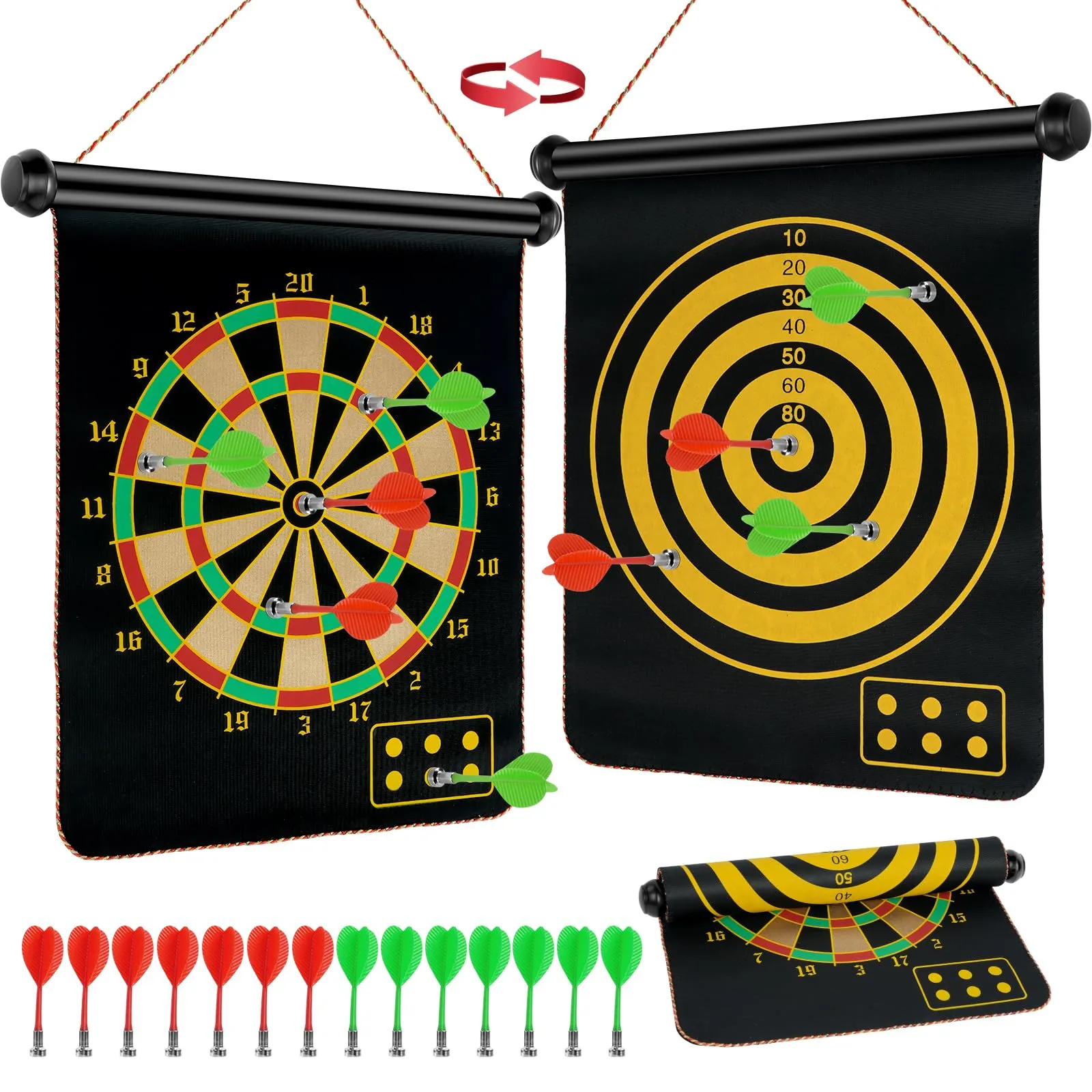 flintronic Magnetic Safe Dartboard, Double Sided Magnetic Dartboard Set Ø38cm /15-inch with 14 Darts, Hanging Roller Up Safe Dartboard, Indoor Outdoor Party Game for Children and Adults