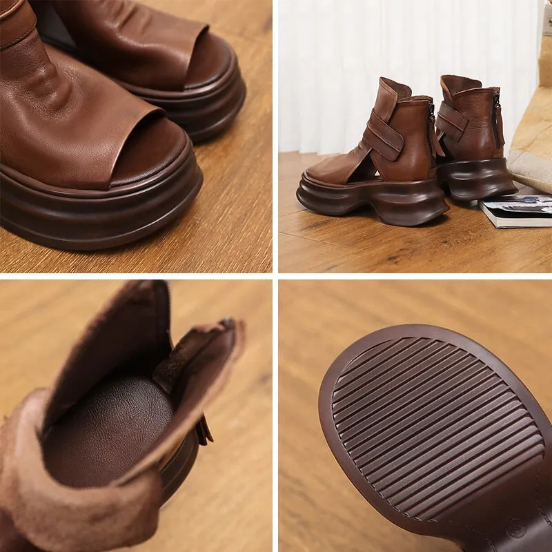 Handmade Leather Light Platform Sandals For Women Mori Girl Style in Black/Brown