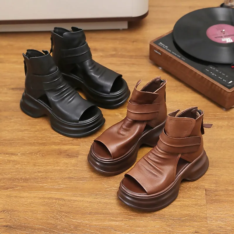 Handmade Leather Light Platform Sandals For Women Mori Girl Style in Black/Brown