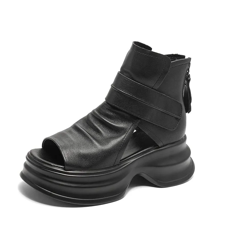Handmade Leather Light Platform Sandals For Women Mori Girl Style in Black/Brown