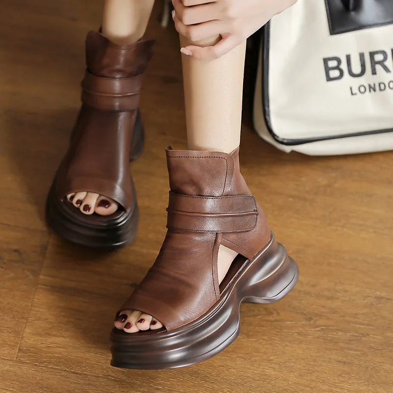 Handmade Leather Light Platform Sandals For Women Mori Girl Style in Black/Brown