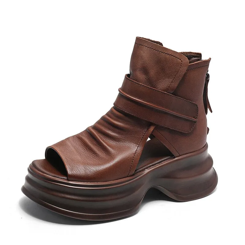 Handmade Leather Light Platform Sandals For Women Mori Girl Style in Black/Brown