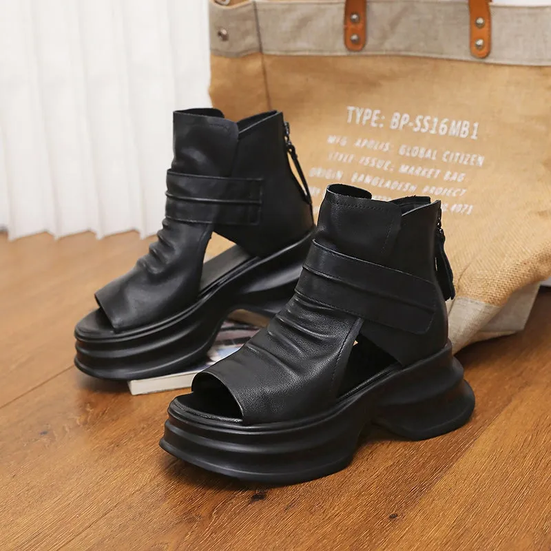 Handmade Leather Light Platform Sandals For Women Mori Girl Style in Black/Brown