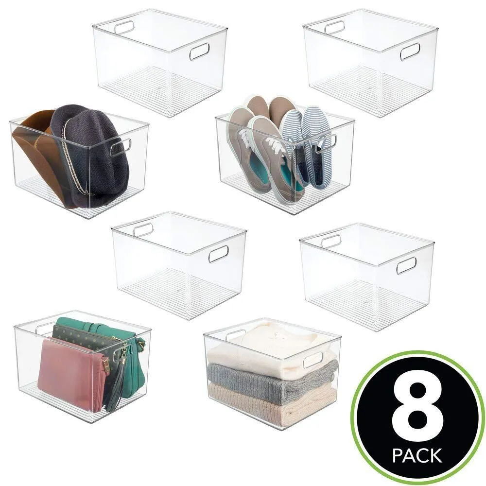mDesign Plastic Home Storage Basket Bin with Handles for Organizing Closets, Shelves and Cabinets in Bedrooms, Bathrooms, Entryways and Hallways - Store Sweaters, Purses - 8" High, 8 Pack - Clear