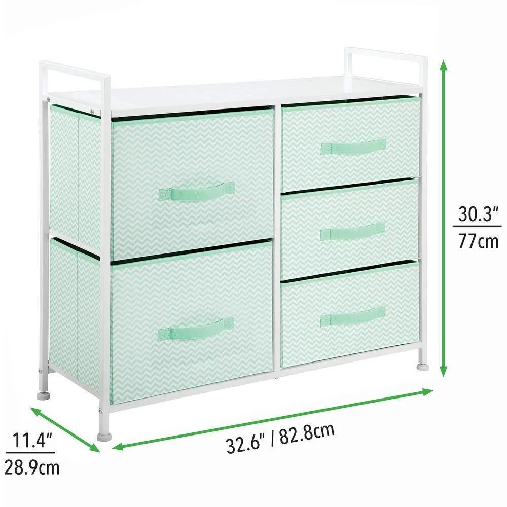 mDesign Wide Dresser Storage Tower Furniture - Metal Frame, Wood Top, Easy Pull Fabric Bins - Organizer for Kid's Bedroom, Hallway, Entryway, Closet, Dorm - Chevron Print, 5 Drawers - Mint Green/White
