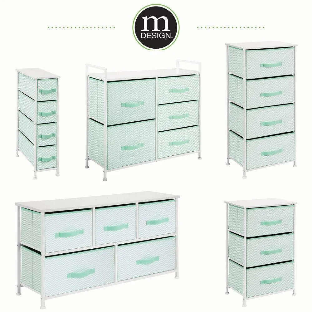 mDesign Wide Dresser Storage Tower Furniture - Metal Frame, Wood Top, Easy Pull Fabric Bins - Organizer for Kid's Bedroom, Hallway, Entryway, Closet, Dorm - Chevron Print, 5 Drawers - Mint Green/White