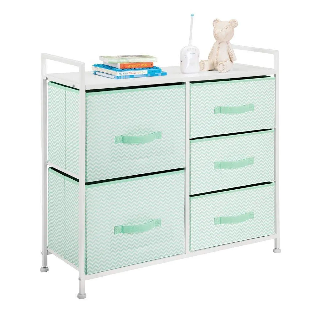 mDesign Wide Dresser Storage Tower Furniture - Metal Frame, Wood Top, Easy Pull Fabric Bins - Organizer for Kid's Bedroom, Hallway, Entryway, Closet, Dorm - Chevron Print, 5 Drawers - Mint Green/White