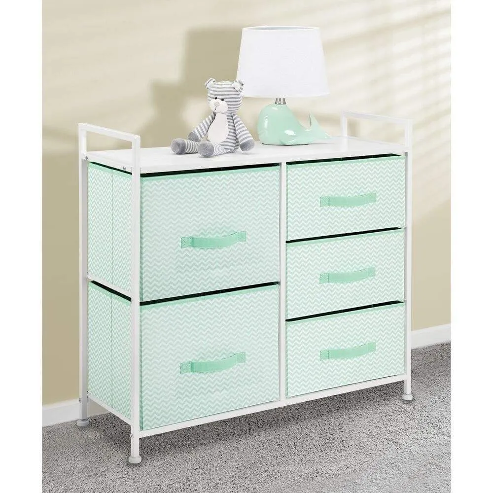 mDesign Wide Dresser Storage Tower Furniture - Metal Frame, Wood Top, Easy Pull Fabric Bins - Organizer for Kid's Bedroom, Hallway, Entryway, Closet, Dorm - Chevron Print, 5 Drawers - Mint Green/White