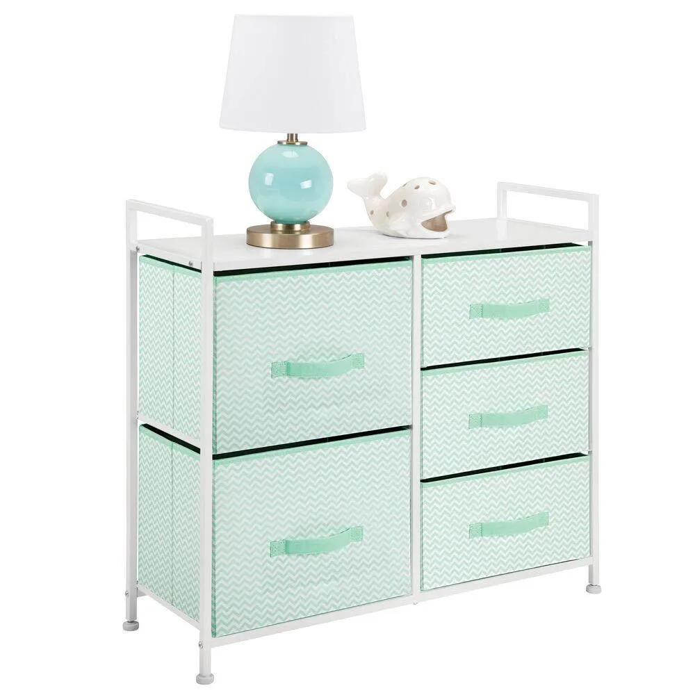 mDesign Wide Dresser Storage Tower Furniture - Metal Frame, Wood Top, Easy Pull Fabric Bins - Organizer for Kid's Bedroom, Hallway, Entryway, Closet, Dorm - Chevron Print, 5 Drawers - Mint Green/White