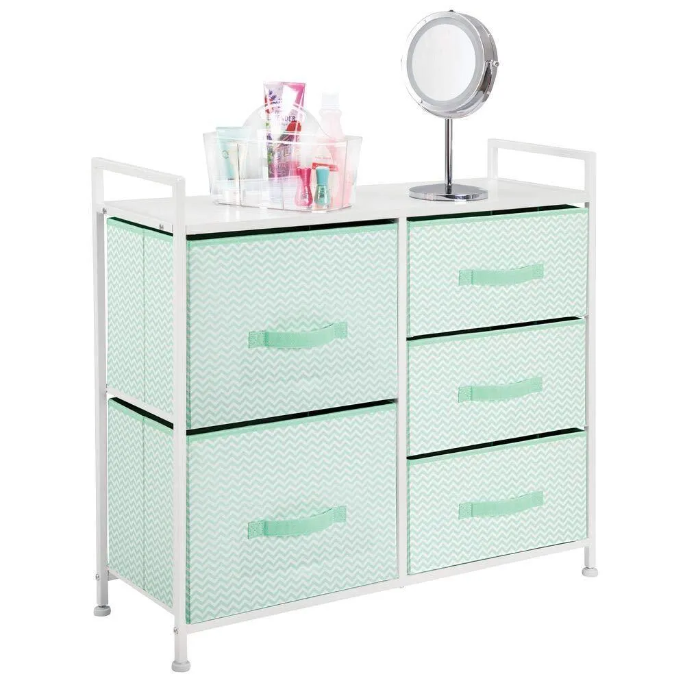 mDesign Wide Dresser Storage Tower Furniture - Metal Frame, Wood Top, Easy Pull Fabric Bins - Organizer for Kid's Bedroom, Hallway, Entryway, Closet, Dorm - Chevron Print, 5 Drawers - Mint Green/White