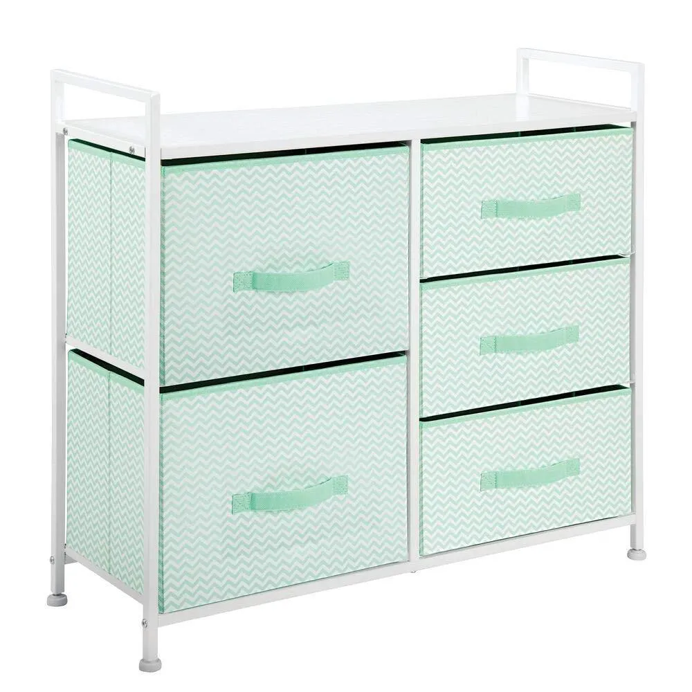 mDesign Wide Dresser Storage Tower Furniture - Metal Frame, Wood Top, Easy Pull Fabric Bins - Organizer for Kid's Bedroom, Hallway, Entryway, Closet, Dorm - Chevron Print, 5 Drawers - Mint Green/White