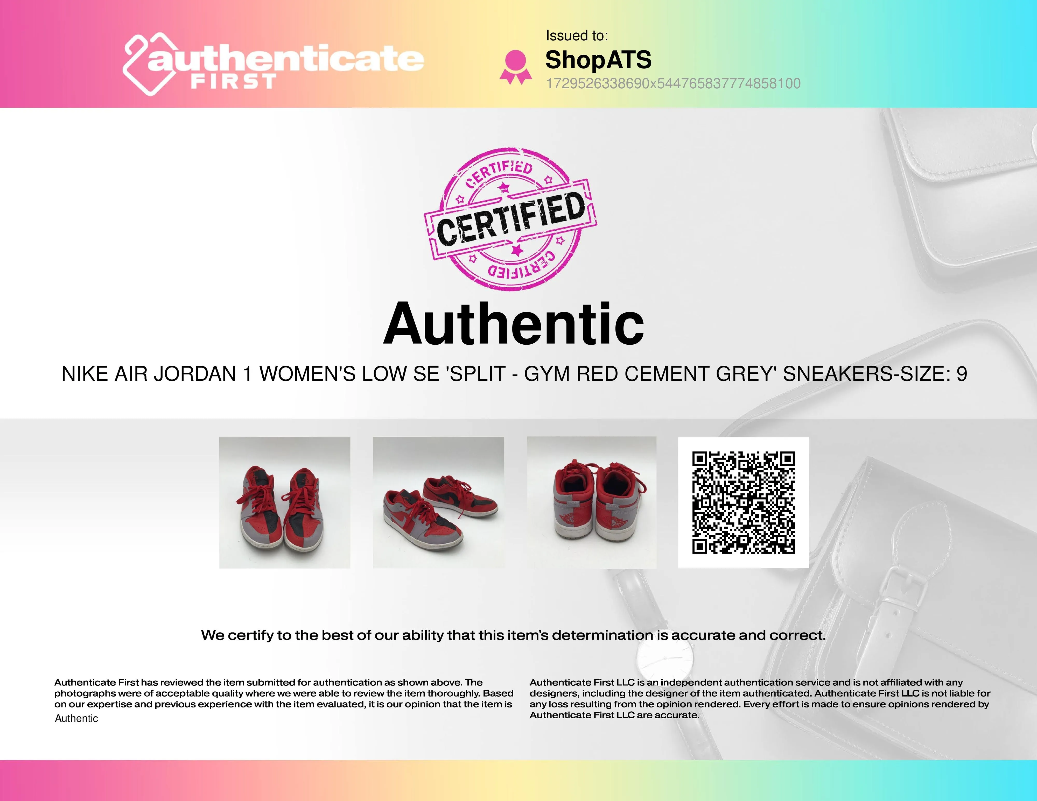 Nike Air Jordan 1 Women's 'Split-Gym Red Cement Grey' Sneakers-Size: 9 ( COA)