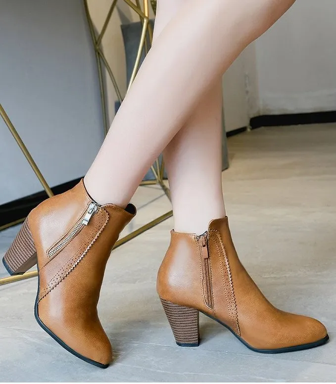 SH328 - Hollow High Heeled Brown Ankle Boots