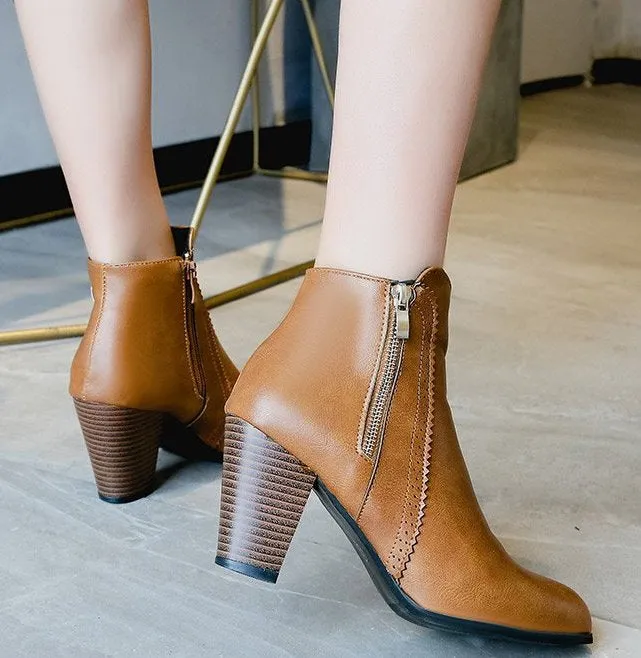SH328 - Hollow High Heeled Brown Ankle Boots