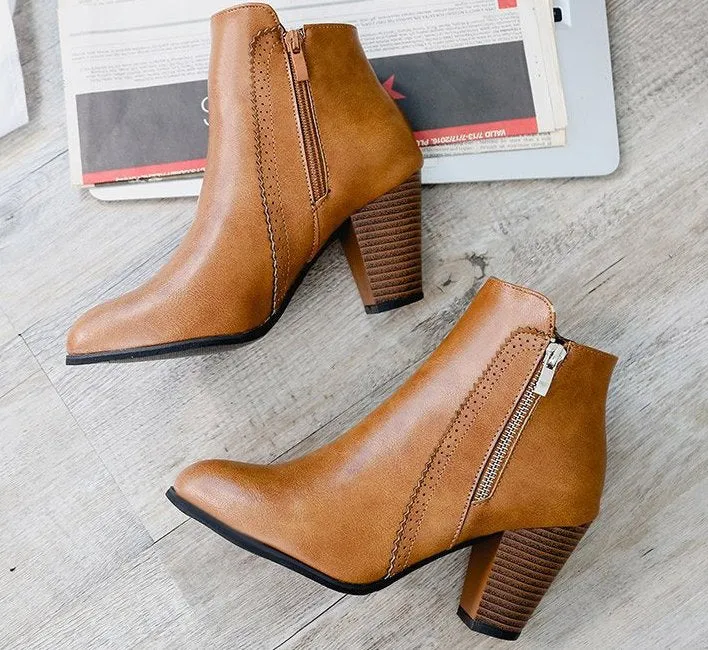 SH328 - Hollow High Heeled Brown Ankle Boots