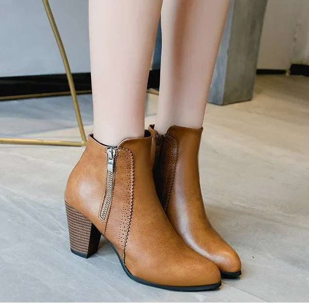 SH328 - Hollow High Heeled Brown Ankle Boots
