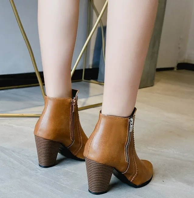SH328 - Hollow High Heeled Brown Ankle Boots