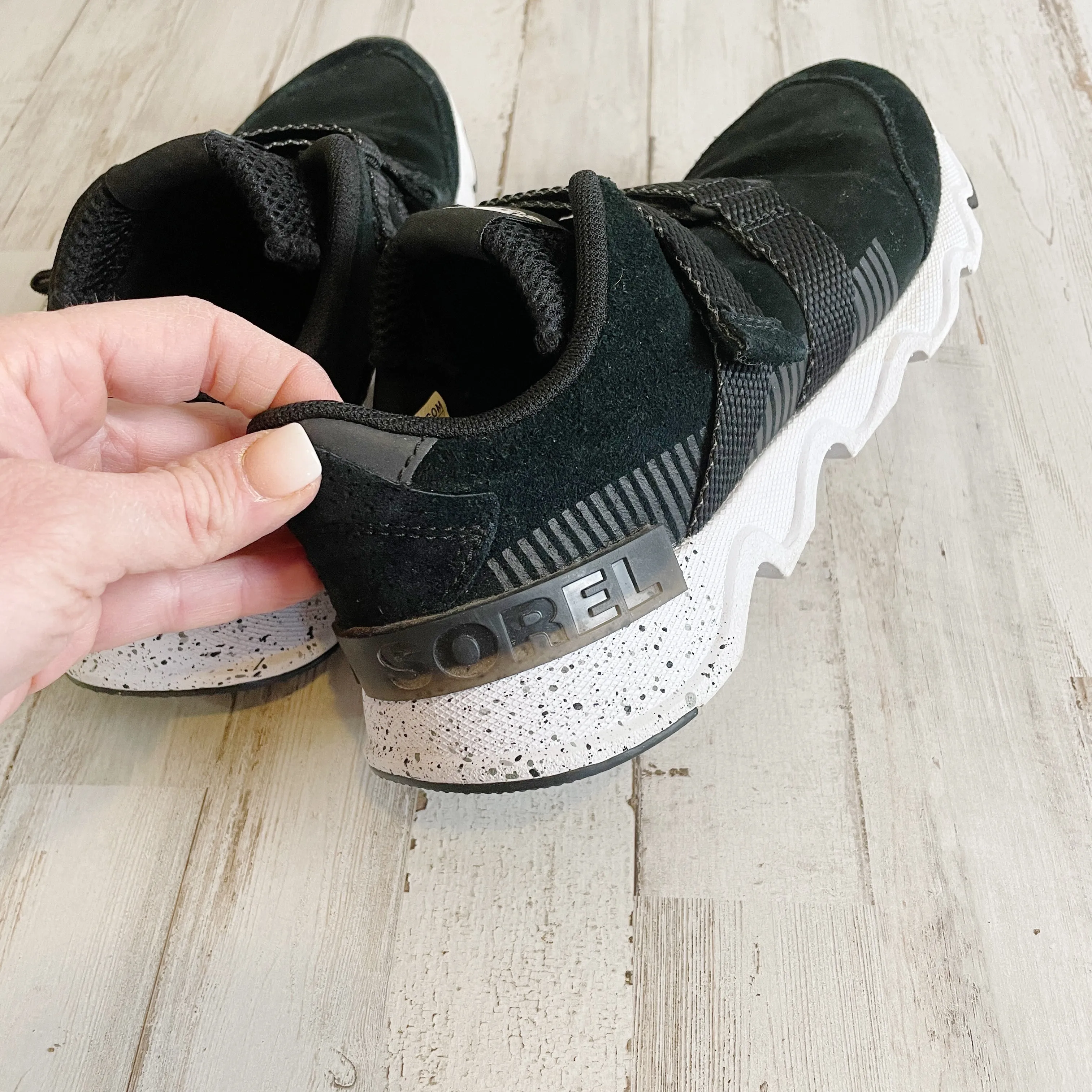 Sorel | Womens Black and White Suede Kinetic Lite Strap Sneakers | Size: 8.5
