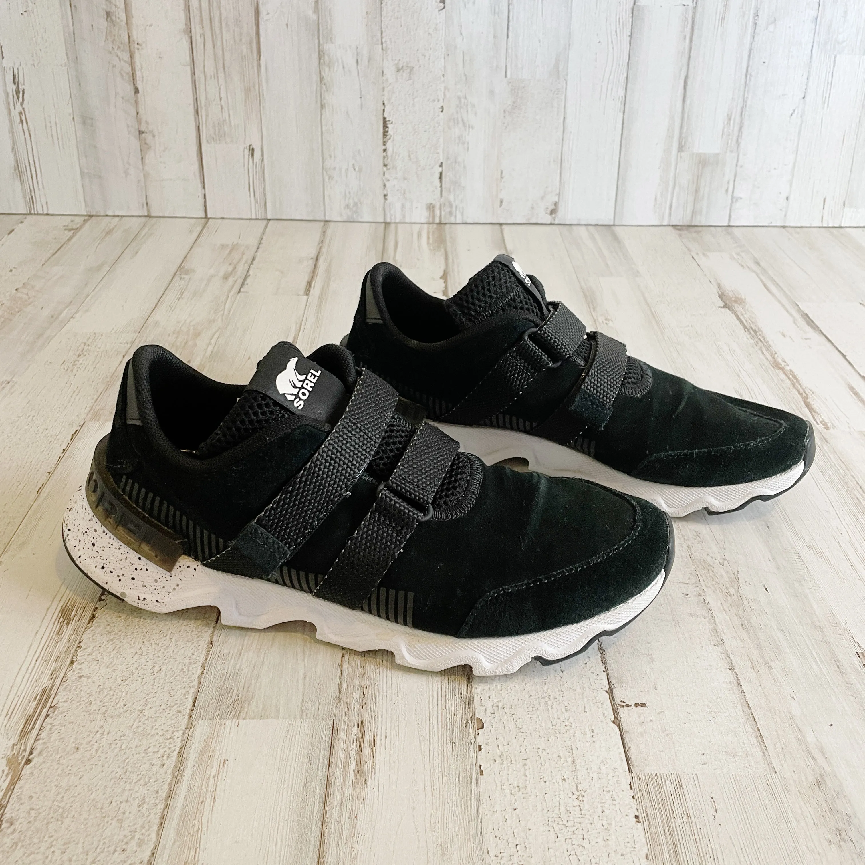 Sorel | Womens Black and White Suede Kinetic Lite Strap Sneakers | Size: 8.5