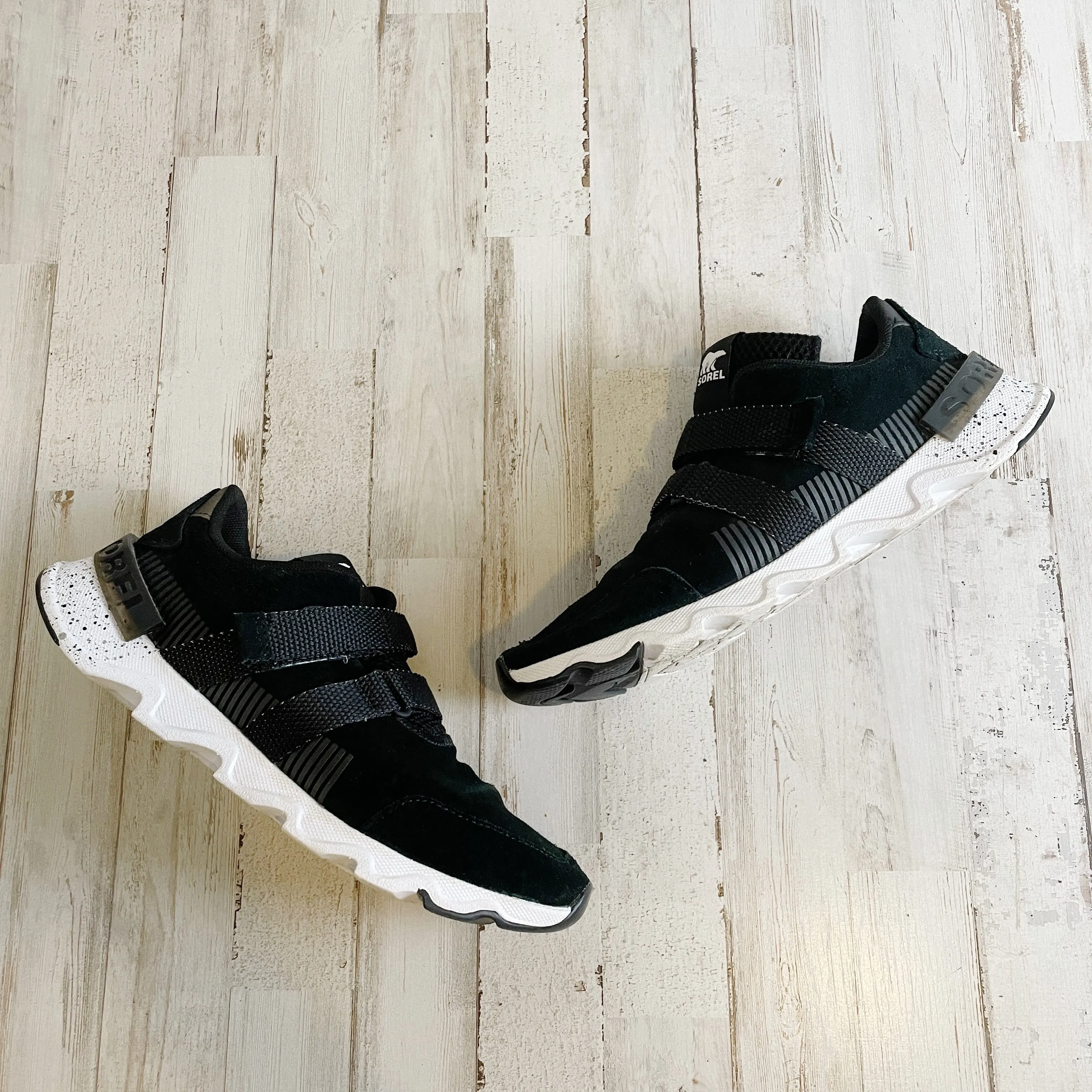 Sorel | Womens Black and White Suede Kinetic Lite Strap Sneakers | Size: 8.5