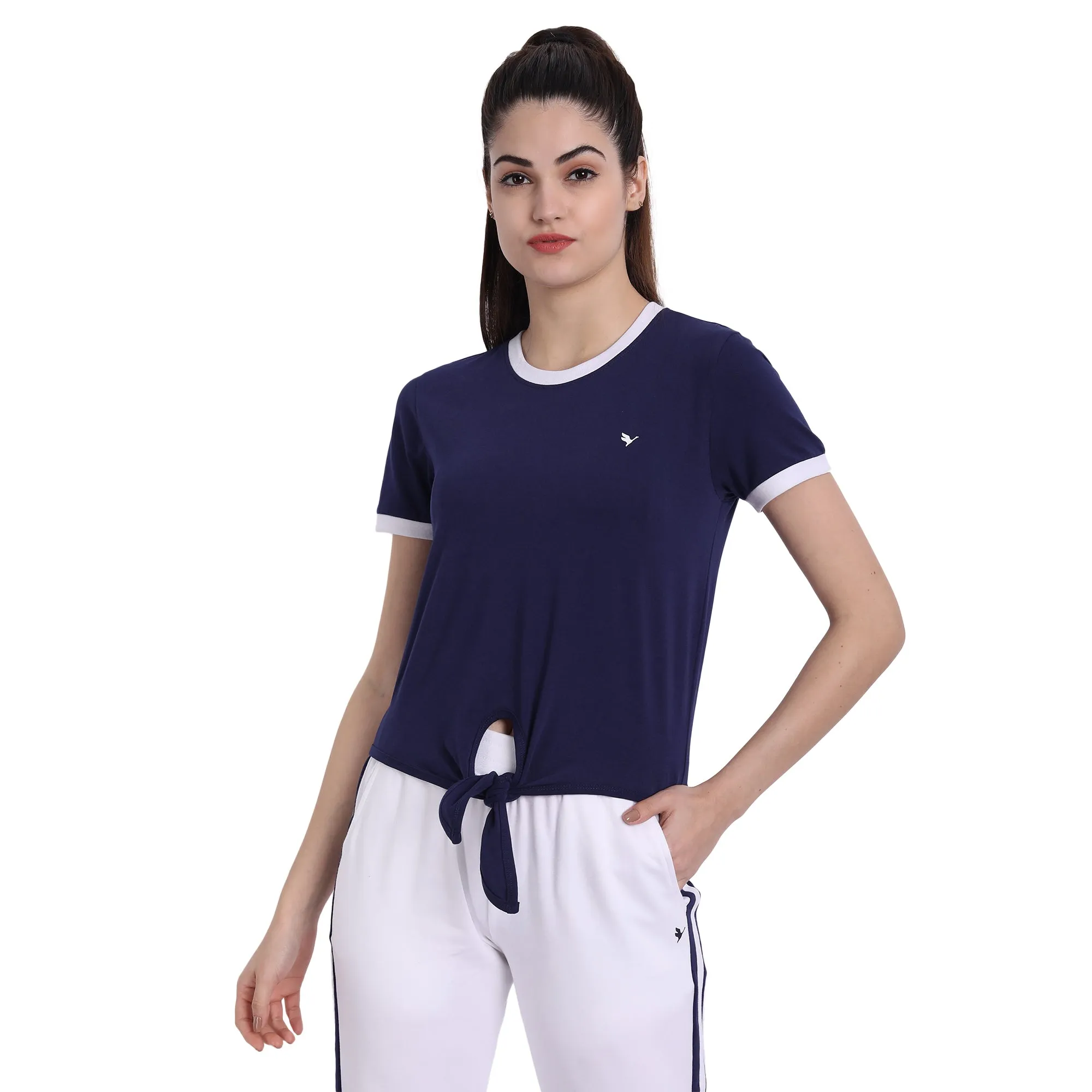 Women'S Premium Cotton Stripe Half Sleeve Knotted T-Shirts